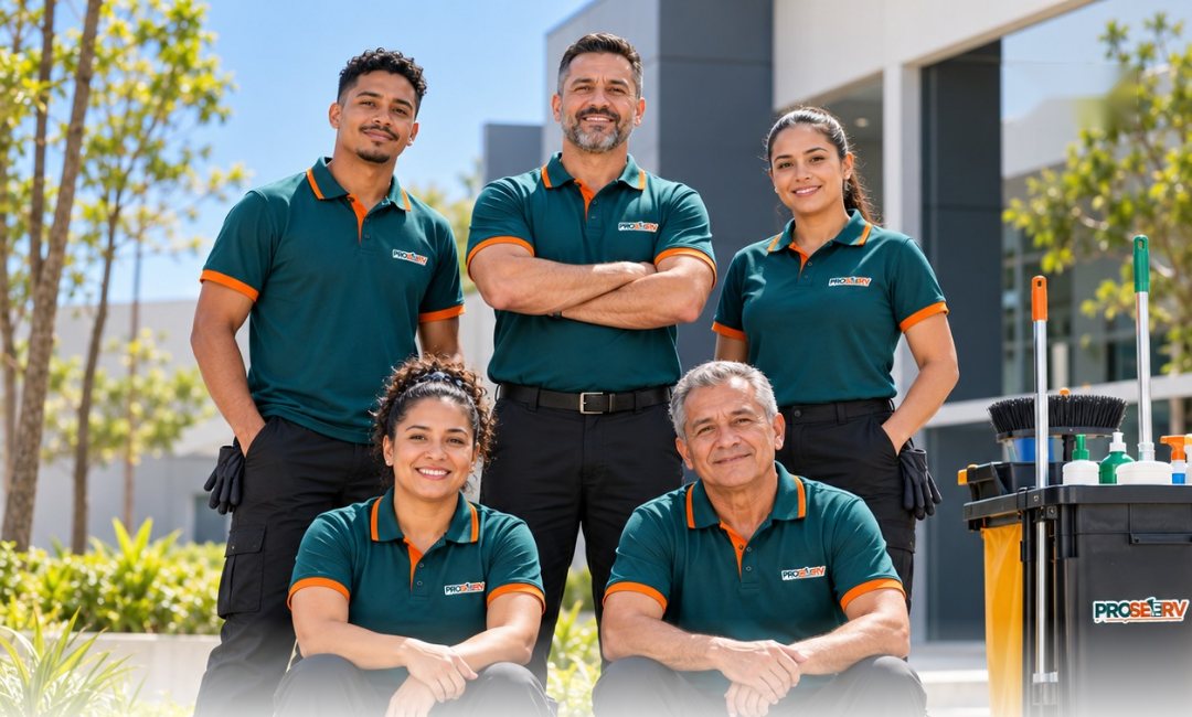 Equipe fixa da Proseerv, uniformizada, com carrinho de limpeza em frente a um prédio comercial
