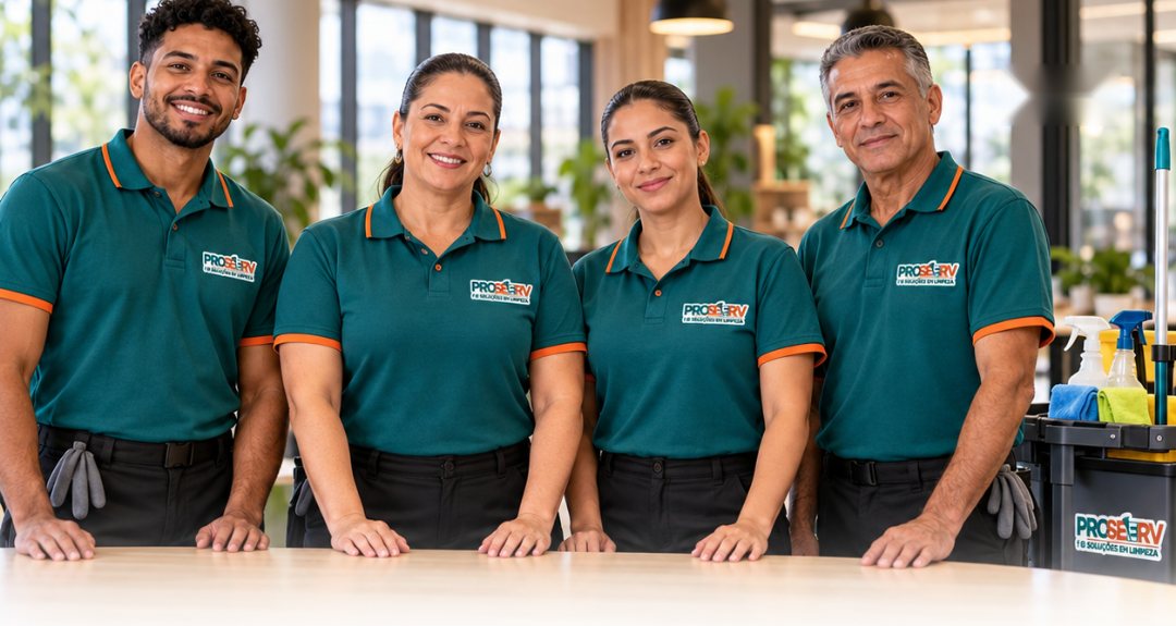 Equipe da Proseerv uniformizada, com carrinho e produtos de limpeza